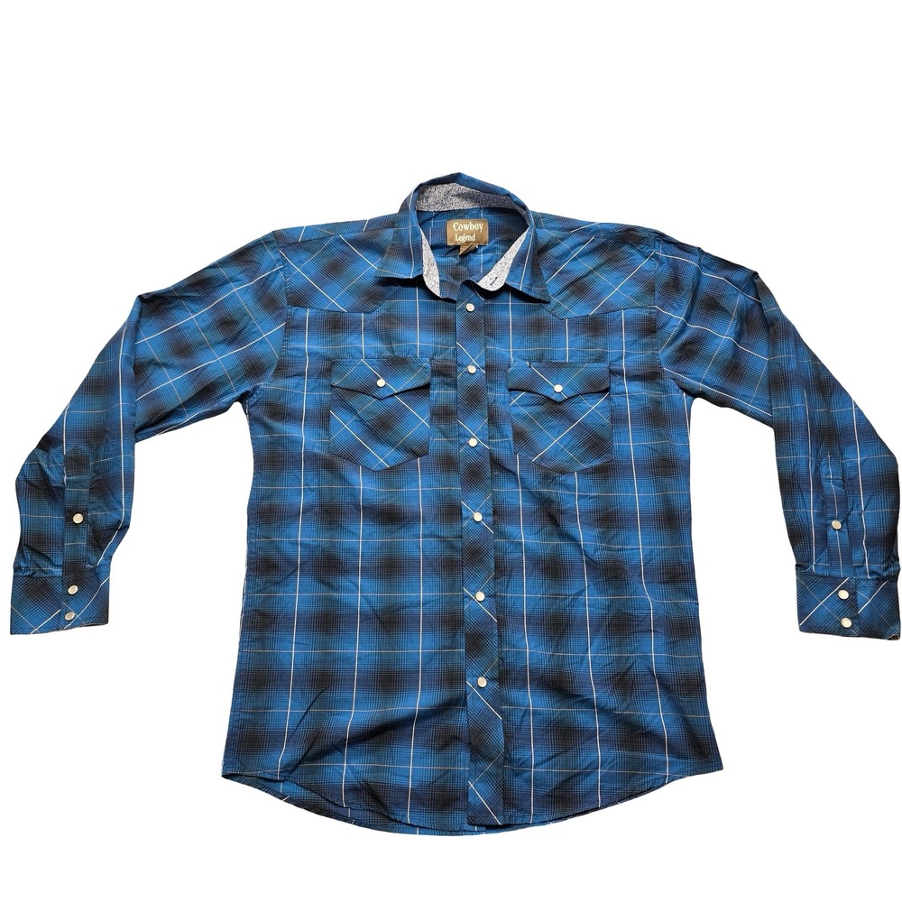 Cowboy Legend Western Snap Plaid‎ Shirt Blue Black Men's L